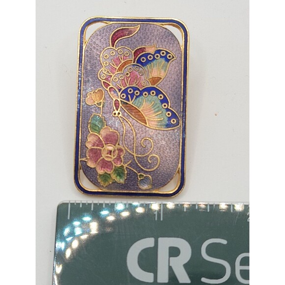 Vintage Cloisonne Enamel Butterfly & Flower Brooch Gold Tone Red Blue Bolo Tie - Picture 6 of 7